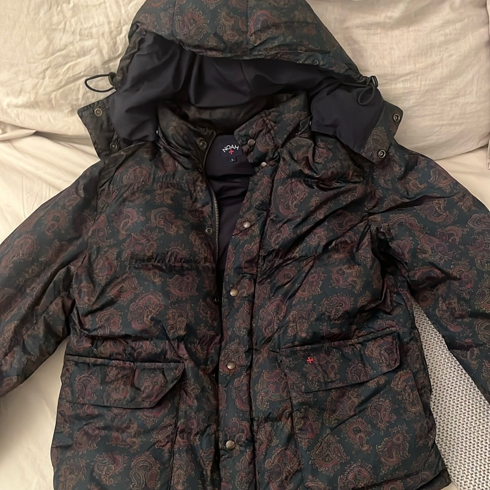 NOAH Paisley Cashball Puffer Jacket w/ Removable Hood, Blue/Dark Green Paisley